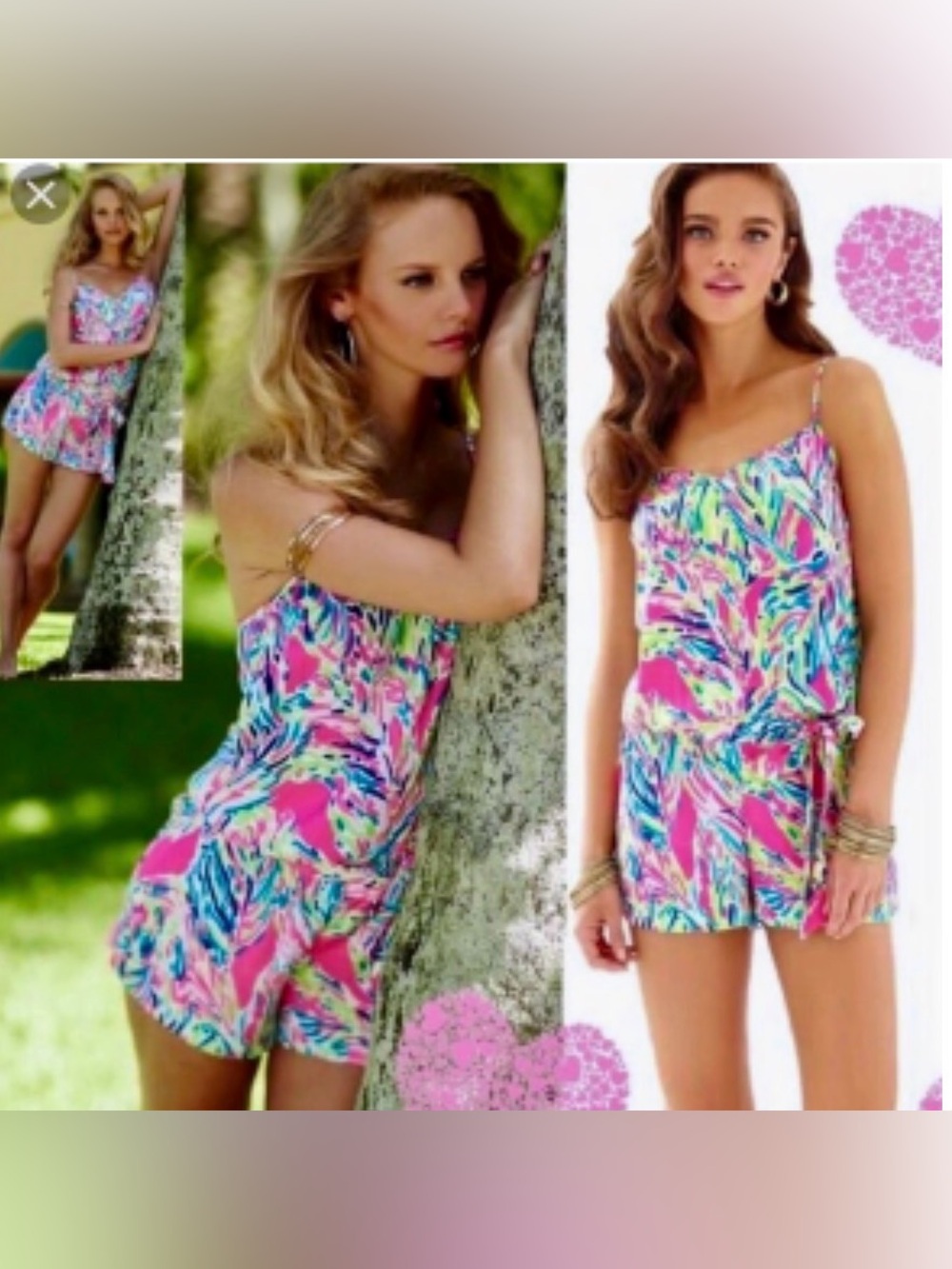 Lilly Pulitzer Deanna Romper Palm Reader Pink Blue Tropical Spaghetti Strap Sz M